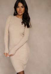 Beżowa Sweterkowa Dopasowana Sukienka z Bawełną Reileta. Brązowe sukienki damskie Renee, na spotkanie biznesowe, bez wzorów, z bawełny, bez kołnierzyka, bez ramiączek, dopasowane. Za 89.99 zł.