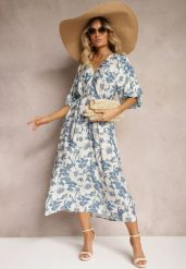 Niebiesko-Biała Wiskozowa Sukienka Wiązana w Talii z Ozdobnymi Rękawami Nanea. Niebieskie sukienki damskie Renee, na co dzień, l, bez wzorów, z wiskozy, eleganckie, bez kołnierzyka, bez ramiączek, maxi, rozkloszowane. Za 139.99 zł.
