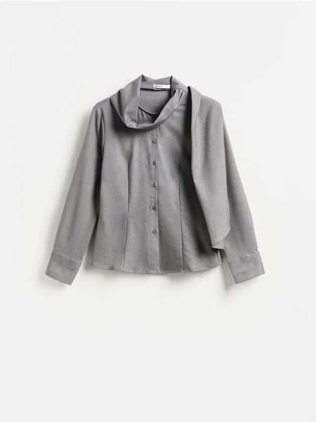 Koszula z szalem - ciemnoszary. Szare koszule damskie Reserved, l, bez wzorów, z tkaniny, bez kołnierzyka, bez ramiączek. Za 129.99 zł.