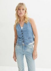 Kamizelka jeansowa ze stretchem. Niebieskie kamizelki damskie bonprix, z jeansu. Za 112.99 zł.