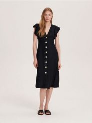 Sukienka midi z lnu - czarny. Czarne sukienki damskie Reserved, l, bez wzorów, z tkaniny, bez kołnierzyka, bez ramiączek, midi. W wyprzedaży za 49.99 zł.