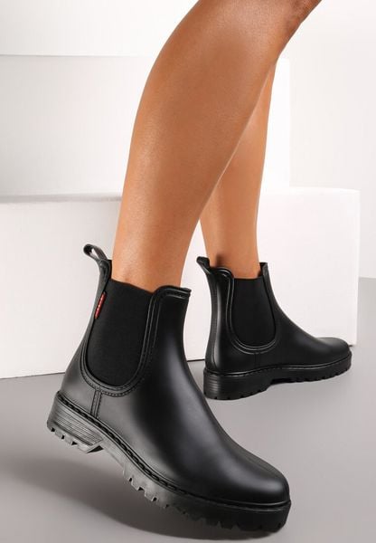 Czarne Płaskie Kalosze w Stylu Sztybletów Ovli. Czarne kalosze damskie Renee, bez wzorów, z jeansu. Za 69.99 zł.