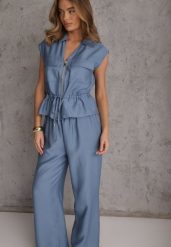 Niebieski Komplet Utility z Wiskozy Spodnie i Bluzka na Suwak ze Ściągaczem Petolira. Niebieskie spodnie materiałowe damskie Renee, bez wzorów, z tkaniny. Za 119.99 zł.