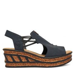 Sandały Rieker. Niebieskie sandały damskie Rieker, bez wzorów, bez obcasa, na koturnie. Za 299.99 zł.