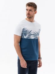 T-shirt meski dwukolorowy z nadrukiem w liście palmy - ciemnoniebieski V1 OM-TSPT-0177 - XL. Niebieskie t-shirty męskie Ombre Clothing, na lato, l, bez wzorów, z dzianiny, bez kołnierzyka. W wyprzedaży za 29.99 zł.