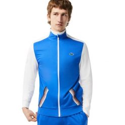 Bluza sportowa męska Lacoste. Niebieskie bluzy bez kaptura męskie Lacoste, bez wzorów, z dresówki, sportowe, bez kołnierzyka, bez ramiączek. Za 337.00 zł.