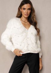 Biały Kardigan z Dłuższym Włosiem w Perły i Cyrkonie Aretina. Białe kardigany damskie Renee, bez wzorów, z tkaniny. Za 219.99 zł.