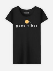 WOOOP Koszulka "Good Vibes" w kolorze czarnym rozmiar: S. Czarne bluzki damskie Wooop, s, bez wzorów, z bawełny, bez kołnierzyka, bez ramiączek. Za 41.79 zł.