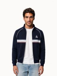 Bluza z pełnym zamkiem błyskawicznym Le Coq Sportif Tri. Niebieskie bluzy bez kaptura męskie Le Coq Sportif, bez wzorów, z materiału, eleganckie, bez kołnierzyka, bez ramiączek. Za 618.00 zł.