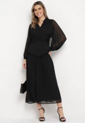 Czarna Długa Sukienka Koktajlowa w Stylu Retro z Plisami i Stójką Leowia. Czarne sukienki damskie Born2be, l, bez wzorów, retro, bez kołnierzyka, bez ramiączek, maxi. W wyprzedaży za 151.99 zł.