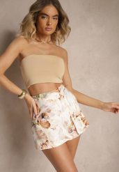 Beżowe Spódnico-Szorty High Waist w Kwiaty Delliena. Brązowe szorty damskie Renee, bez wzorów, eleganckie, z podwyższonym stanem. Za 54.99 zł.