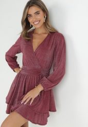 Bordowa Sukienka Rozkloszowana z Metaliczną Nitką Adine. Czerwone sukienki damskie Born2be, na imprezę, l, bez wzorów, eleganckie, bez kołnierzyka, bez ramiączek, mini, rozkloszowane. W wyprzedaży za 151.99 zł.