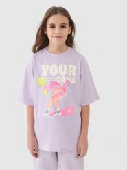 4F T-shirt oversize z nadrukiem dziewczęcy - fioletowy 134 (8-9 lat). Fioletowe koszulki dziewczęce 4f, bez wzorów, z bawełny, bez ramiączek. W wyprzedaży za 19.99 zł.