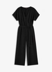 Kombinezon z krótkim rękawem. Czarne kombinezony damskie bonprix, bez wzorów, eleganckie, bez kołnierzyka, bez ramiączek, krótkie. Za 179.99 zł.