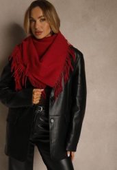 Bordowy Bawełniano-Wiskozowy Szalik w Kształcie Trójkąta z Frędzlami Vetisara. Czerwone szaliki i kominy damskie Renee, bez wzorów, z bawełny. Za 39.99 zł.