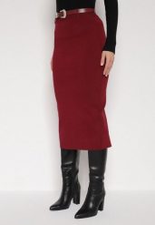 Bordowa Ołówkowa Spódnica z Wiskozą Zdobiona Rozcięciem i Paskiem Rowedela. Czerwone spódniczki damskie Born2be, m, z aplikacjami, z wiskozy, eleganckie, midi, koszulowe. Za 79.99 zł.