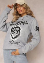 Jasnoszara Bluza z Polarem i Nadrukiem Thalindra. Szare bluzy z kapturem damskie Renee, xl, z dzianiny. Za 69.99 zł.