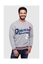 DSQUARED2 Szary sweter męski z granatowym logo. Szare swetry męskie Dsquared2, m, z aplikacjami, z wełny, bez kołnierzyka. W wyprzedaży za 1,099.99 zł.