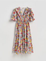 Wzorzysta sukienka maxi - lawendowy. Fioletowe sukienki damskie Reserved, l, bez wzorów, z bawełny, bez kołnierzyka, bez ramiączek, maxi, rozkloszowane. Za 279.99 zł.