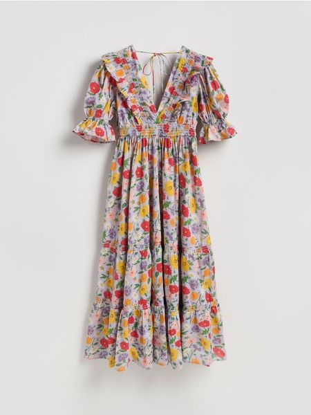 Wzorzysta sukienka maxi - lawendowy. Fioletowe sukienki damskie Reserved, l, bez wzorów, z bawełny, bez kołnierzyka, bez ramiączek, maxi, rozkloszowane. Za 279.99 zł.