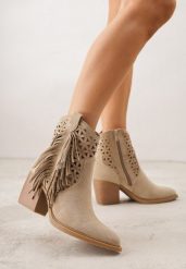 Ciemnobeżowe Botki Kowbojki na Stożkowym Obcasie z Ażurowym Wzorem i Eathetina. Brązowe botki damskie Born2be, z jeansu, boho, bez obcasa, na obcasie, bez zapięcia. Za 159.99 zł.