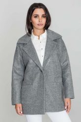 Szary Krótki Stylowy Płaszcz Damski Zapinany na Jeden Guzik. Szare płaszcze damskie Figl, uniwersalny, bez wzorów, z materiału, eleganckie. Za 359.00 zł.