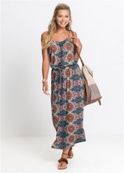 Długa sukienka z rozcięciami po bokach. Brązowe sukienki damskie bonprix, bez wzorów, z materiału, bez kołnierzyka, bez ramiączek, maxi, dopasowane. Za 127.99 zł.