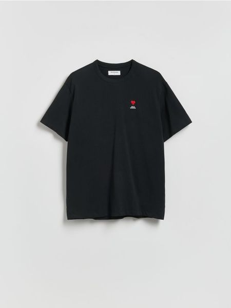 T-shirt comfort fit - czarny. Czarne t-shirty męskie Reserved, l, bez wzorów, z bawełny, bez kołnierzyka. Za 69.99 zł.