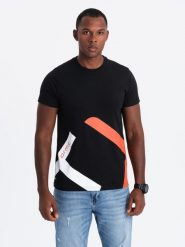 Bawełniany męski t-shirt z kontrastowym dwukolorowym printem – czarny V1 - Rozmiar: S. Czarne t-shirty męskie Ombre Clothing, m, bez wzorów, z bawełny, bez kołnierzyka. W wyprzedaży za 38.50 zł.