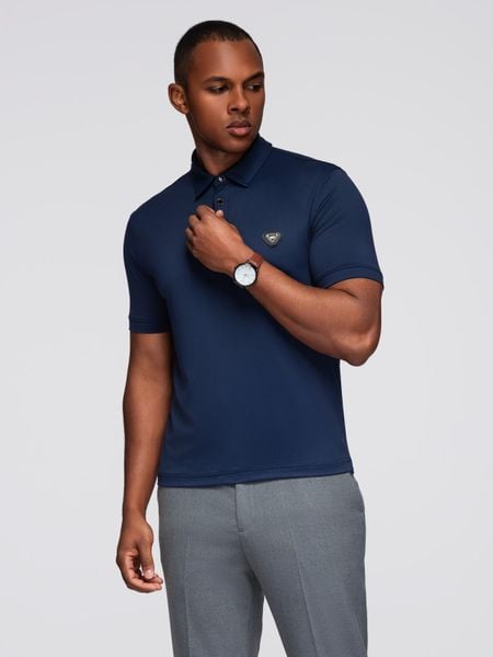 Stylowa męska koszulka polo z elastycznej tkaniny – granatowa V3 - Rozmiar: L. Niebieskie koszulki polo męskie Ombre Clothing, l, bez wzorów, z elastanu, bez ramiączek. Za 129.99 zł.