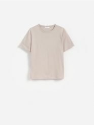 Bawełniany t-shirt - złamana biel. T-shirty damskie Reserved, l, bez wzorów, z bawełny, bez kołnierzyka. Za 49.99 zł.