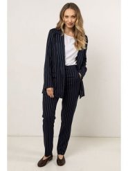 Awama Spodnie - Regular fit - w kolorze granatowym rozmiar: XL. Niebieskie spodnie materiałowe damskie Awama, bez wzorów, z materiału. Za 170.07 zł.