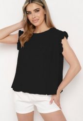 Czarna Koszulka Top Plisowany z Krótkim Rękawem Cevaga. Czarne bluzki damskie Born2be, l, bez wzorów, z bawełny, eleganckie, bez kołnierzyka, bez ramiączek. Za 39.99 zł.