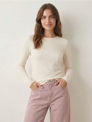 Prążkowana koszulka z długim rękawem, z domieszką modalu - kremowy. Białe t-shirty damskie Sinsay, l, bez wzorów, prążkowane, bez kołnierzyka. Za 25.99 zł.