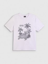 4F T-shirt relaxed z nadrukiem damski - biały S. Białe t-shirty damskie 4f, s, bez wzorów, z bawełny, bez kołnierzyka. Za 59.99 zł.