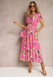 Różowa Kopertowa Sukienka w Kwiaty z Gumką w Talii Nobbia. Czerwone sukienki damskie Renee, na co dzień, l, bez wzorów, z bawełny, bez kołnierzyka, bez ramiączek, midi, kopertowe. W wyprzedaży za 52.49 zł.