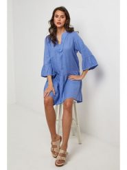 Lin Passion Lniana sukienka w kolorze niebieskim rozmiar: 34/36. Niebieskie sukienki damskie Lin Passion, bez wzorów, ze lnu, bez kołnierzyka, bez ramiączek, mini. Za 173.99 zł.