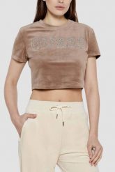 GUESS Brązowy damski top Couture Tee. Brązowe topy damskie Guess, s, z aplikacjami, bez kołnierzyka. W wyprzedaży za 161.99 zł.