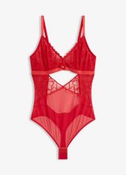 Body ze stringami, z koronki ze wzorem w serca. Czerwone body damskie bonprix, bez wzorów, z koronki. Za 79.99 zł.