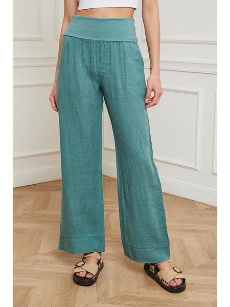 Plume Lniane spodnie "Derwan" w kolorze turkusowym rozmiar: L. Niebieskie spodnie materiałowe damskie Plume, bez wzorów, ze lnu. Za 143.56 zł.