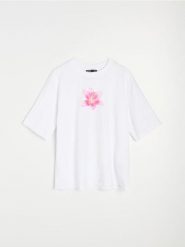 Bawełniana koszulka z motywem kwiatowym - biały. Białe t-shirty damskie Sinsay, l, bez wzorów, z bawełny, bez kołnierzyka. Za 25.99 zł.