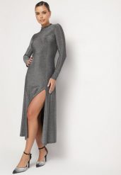Srebrna Sukienka z Wiskozą Ozdobiona Brokatem w Eleganckim Stylu Werirra. Szare sukienki damskie Born2be, na zimę, l, bez wzorów, z materiału, eleganckie, bez kołnierzyka, bez ramiączek, maxi. W wyprzedaży za 127.99 zł.