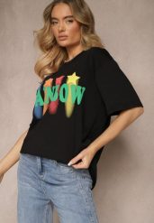 Czarny T-shirt o Kroju Oversize z Nadrukowanym Napisem Ilorella. Czarne t-shirty damskie Renee, m, bez wzorów, z jeansu, bez kołnierzyka. Za 39.99 zł.
