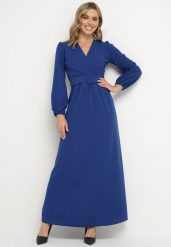 Niebieska Rozkloszowana Sukienka Ozdobiona Paskiem w Talii Felirith. Niebieskie sukienki damskie Born2be, na co dzień, l, bez wzorów, eleganckie, bez kołnierzyka, bez ramiączek, maxi, rozkloszowane. W wyprzedaży za 135.99 zł.