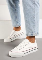Biało-Czerwone Klasyczne Sznurowane Trampki na Grubej Podeszwie Ravarella. Białe trampki i tenisówki damskie Born2be, bez wzorów, z materiału. Za 44.99 zł.