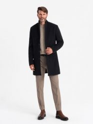 Jednorzędowy długi płaszcz męski w stylu garniturowym – czarny V1 - Rozmiar: XL. Czarne płaszcze męskie Ombre Clothing, m, bez wzorów, z materiału, eleganckie. W wyprzedaży za 199.99 zł.