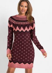 Sukienka dzianinowa w norweski wzór. Czerwone sukienki damskie bonprix, na zimę, bez wzorów, z dzianiny, eleganckie, bez kołnierzyka, bez ramiączek. Za 144.99 zł.