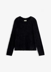 Sweter ażurowy z przędzy piórkowej. Czarne swetry klasyczne damskie bonprix, bez kołnierzyka. Za 109.99 zł.