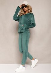 Ciemnozielony Welurowy Komplet Dresowy Bluza z Kapturem i Proste Spodnie Arislo. Zielone bluzy z kapturem damskie Renee, s, z dresówki. Za 74.99 zł.