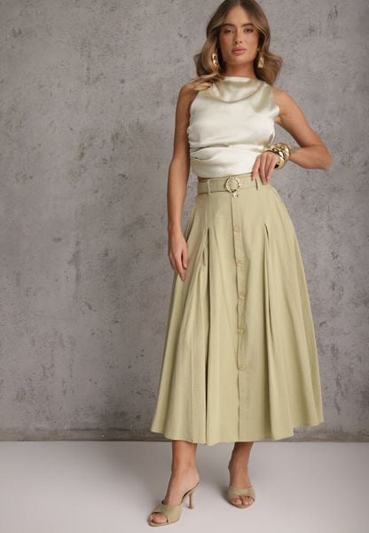 Zielona Rozkloszowana Spódnica z Kieszonkami i Paskiem z Klamrą Qualea. Zielone spódniczki damskie Renee, l, bez wzorów, z bawełny, eleganckie, midi, dopasowane. Za 119.99 zł.